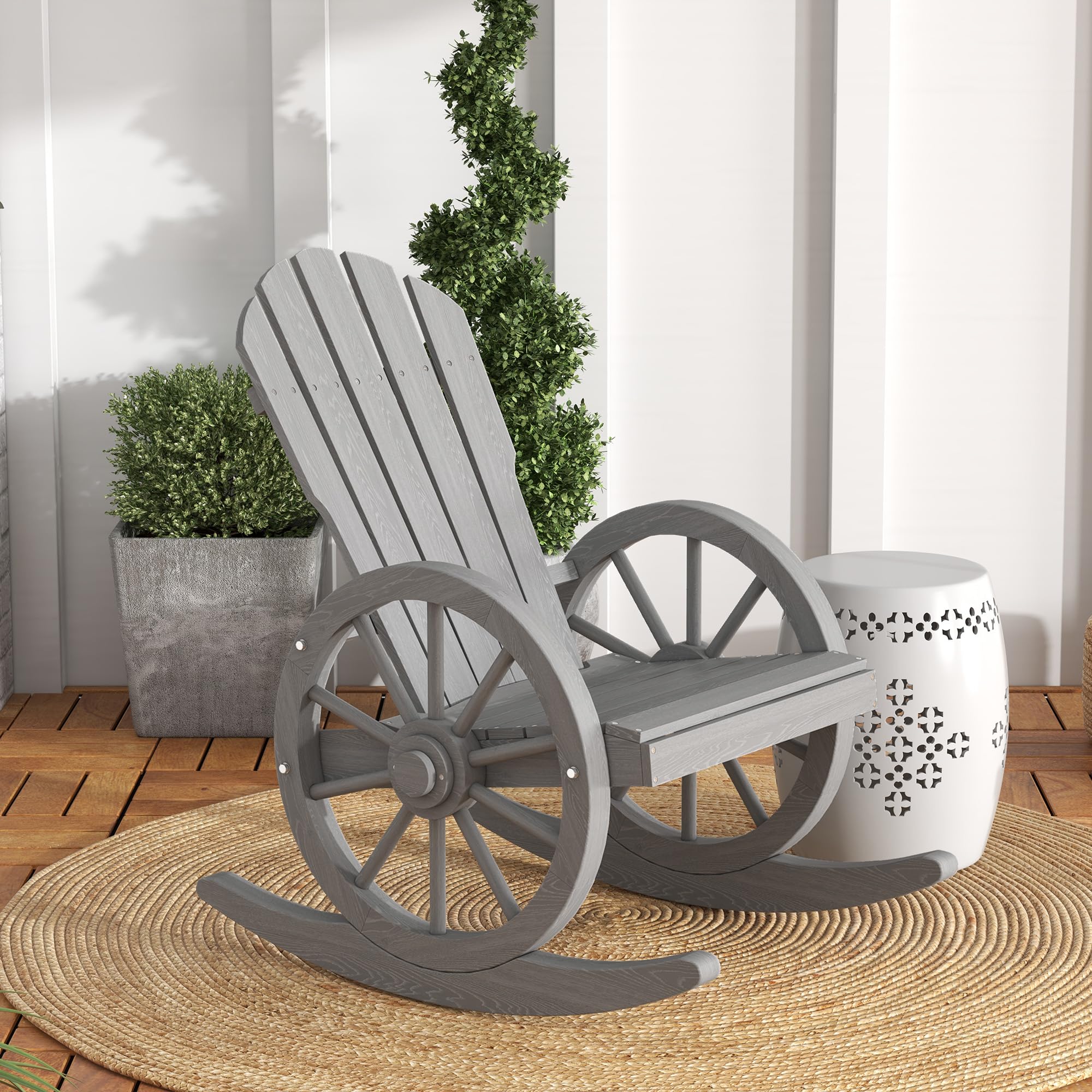 Outsunny Wooden Rocking Chair, Adirondack Rocker Chair w/Slatted Design and Oversized Back, Outdoor Rocking Chair with Wagon Wheel Armrest for Porch, Poolside, and Garden, Gray