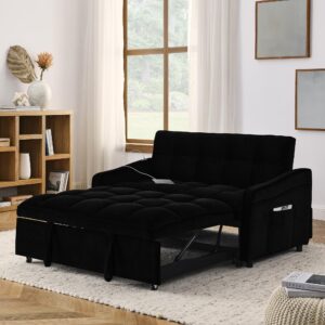 Keainvren Sleeper Sofa with Pocket Velvet Pull Out Sofa Bed with USB Charging Convertible Sofa Adjustable Backrest Loveseat Sofa Couch for Living Room, Office,Small Space (Black 5)