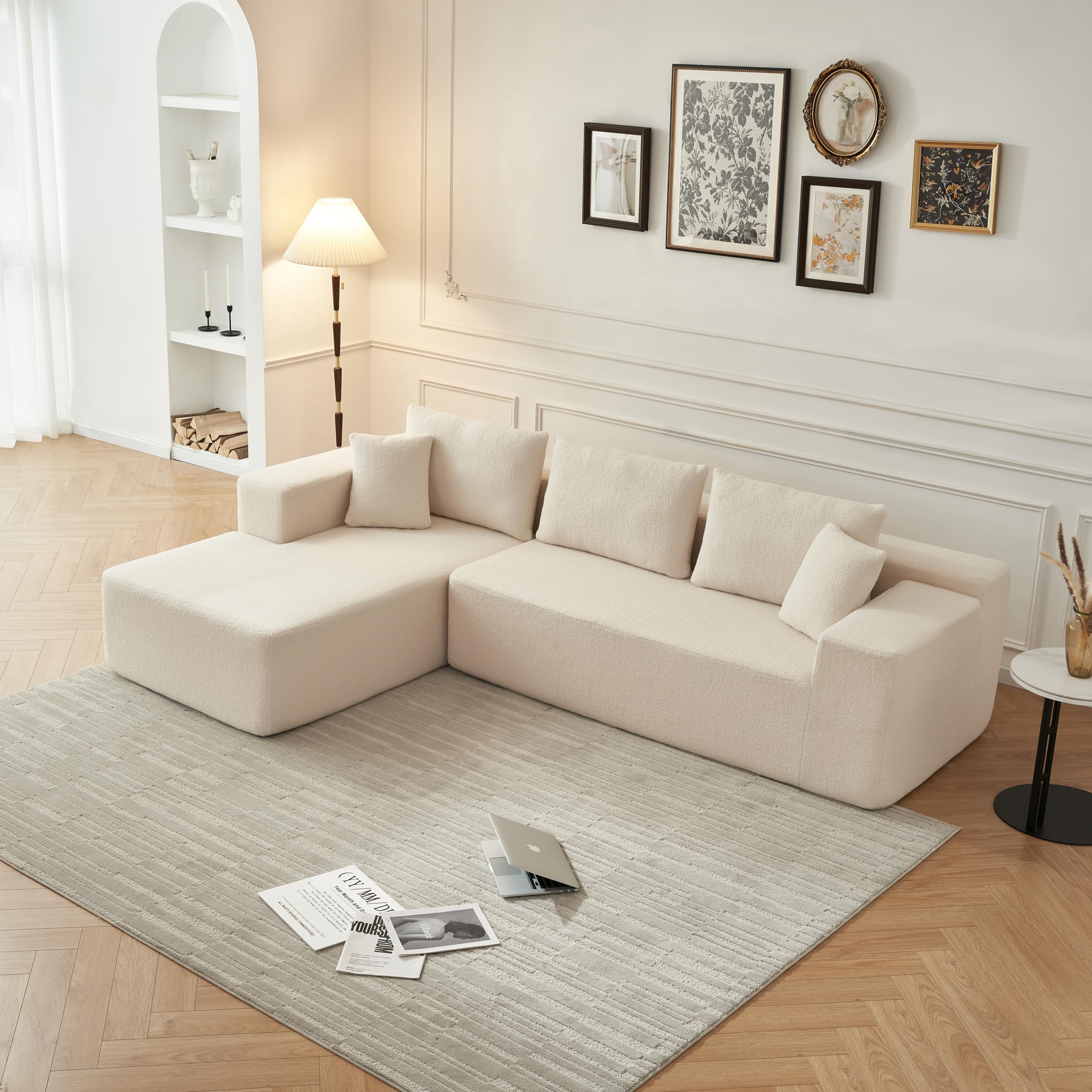 VnndeNest 104'' Modular Sectional Couch, Lambwool Sherpa Fabric Corner Sofa, Comfy Upholstered L-Shape Sectional Sofa with Chaise Lounge, 5 Seater Cloud Sofa for Living Room, Bedroom, Apartment, Beige