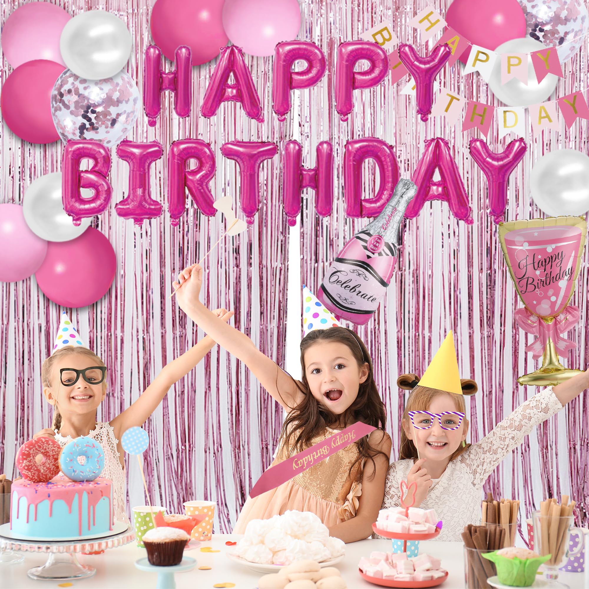 Party Spot! 103 pcs Pink Birthday Decorations, Pink Decorations for Party, Balloon Arch, Tablecloth, Banner, Fringe Curtain, Birthday Decoration for Women, Pink Party Decorations