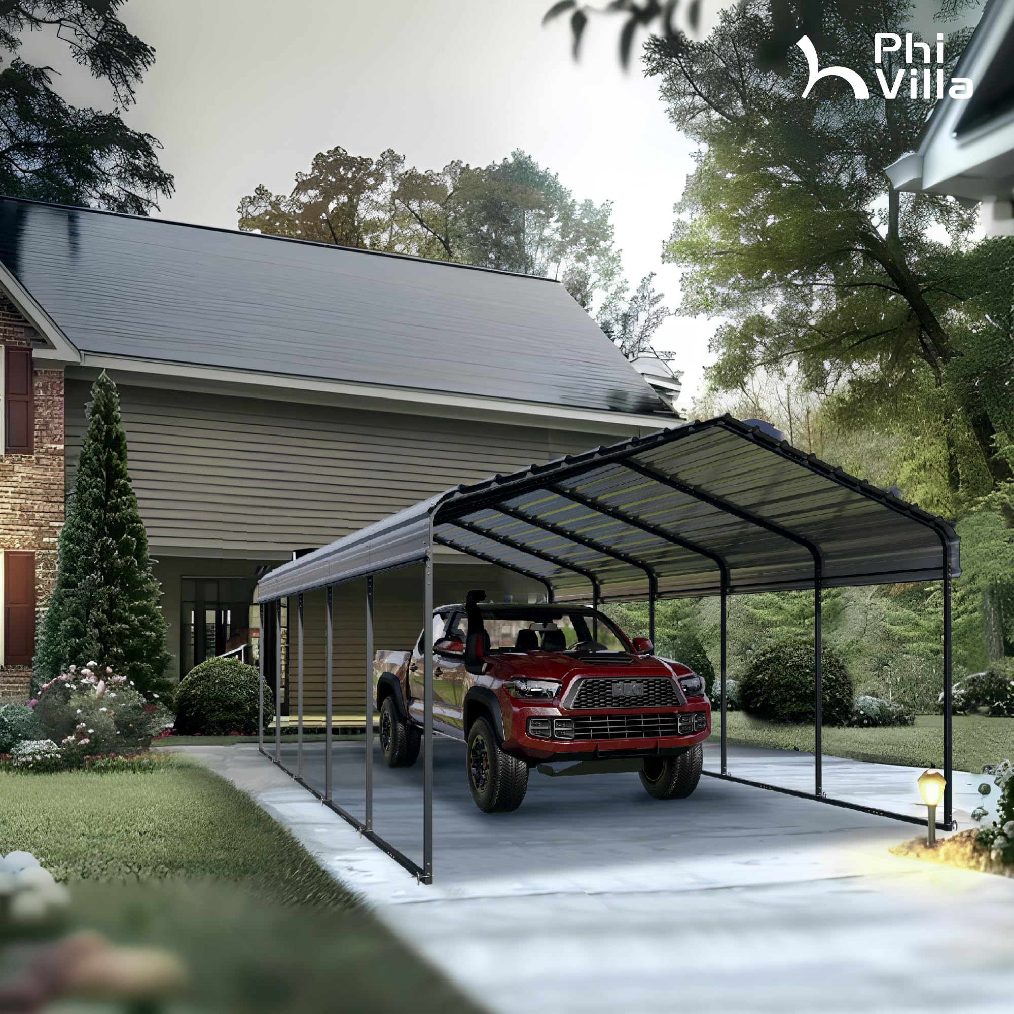 PHI VILLA Outdoor Carport Canopy 12' x 25', Metal Carport Tent Heavy Duty, Garage Car Shelter Shade with Metal Roof, Frame and Bolts for Car, Truck and Boat