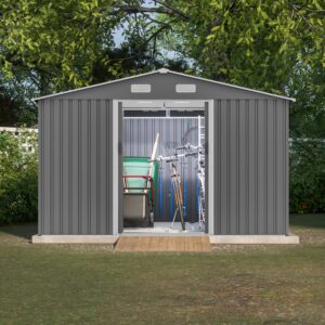 Lifeand 10’x 8’ Outdoor Storage Shed, All Weather Metal Sheds with Metal Foundation & Lockable Doors, Tool Shed for Garden, Backyard, Front Yard, Lawn, Patio, Grey