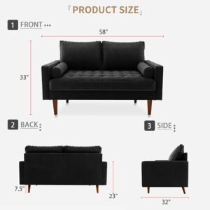 SILKIR Velvet Furniture for Small Spaces, Mid-Century Modern Loveseats for Living Room, Love Seat Couch Sofas, 58 Inches, Black