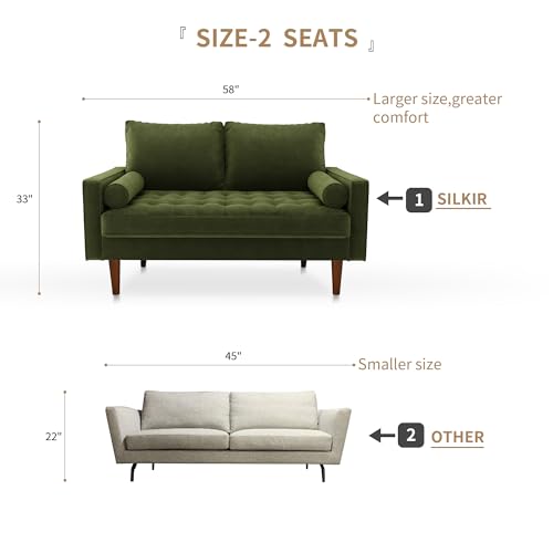 SILKIR Velvet Furniture for Small Spaces, Mid-Century Modern Loveseats for Living Room, Love Seat Couch Sofas, 58 & 70 Inches, Olive Green