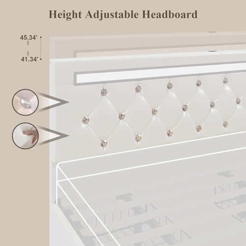 Forrise Bed Frame Queen Size with Storage Drawers and LED Light, 2 Sockets and 2 USB Ports, Adjustable Headboard with PU Leather Upholstered, No Box Spring Needed, Wooden Slats Support, White.