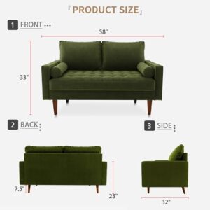 SILKIR Velvet Furniture for Small Spaces, Mid-Century Modern Loveseats for Living Room, Love Seat Couch Sofas, 58 & 70 Inches, Olive Green