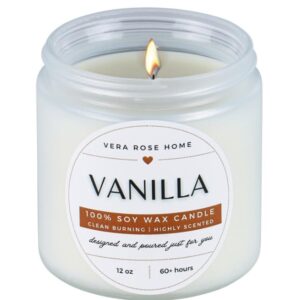 Vera Rose Home Vanilla Scented Soy Candle Long Burning Candles 60+ Hours White Candle Clean Burning Natural Scented Candle - Chistmas Gift, Christmas Candle, Vegan Candle 12oz Jar Candles