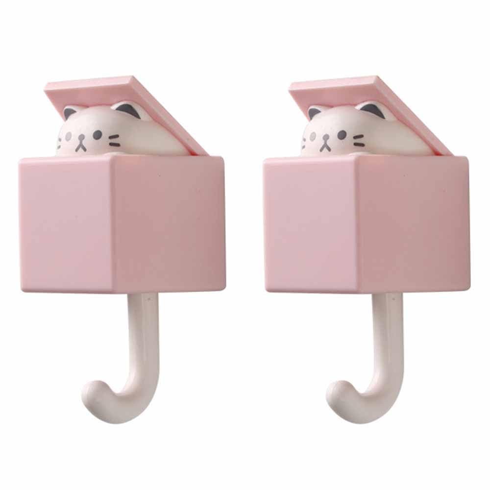 SEIWEI 2Pcs Creative Adhesive Coat Cat Hook, Cute Cat Key Holder for Wall, Plastic Home Storage Utility Wall Decorations Hanger Pet Hooks for Hanging Hat Key Towel Scarf Bags, Punch Free - Pink