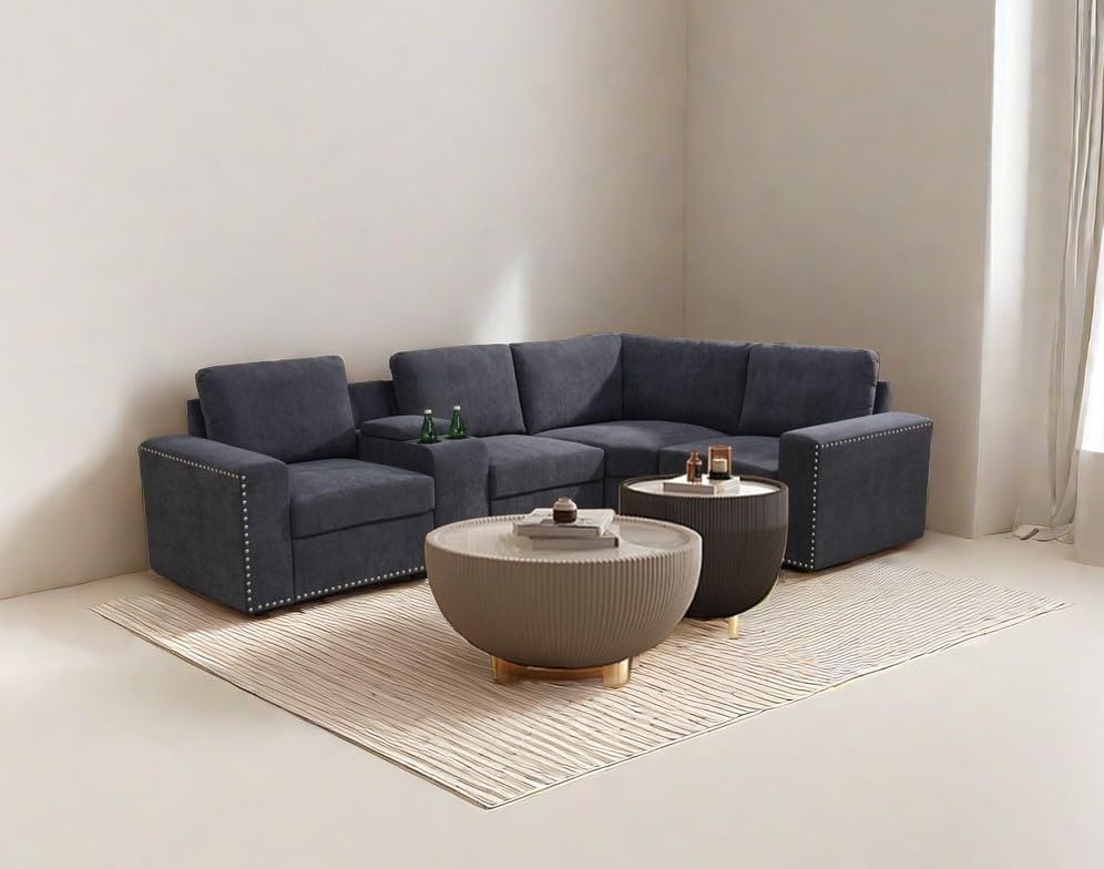 AYCP Flannel Modular Sectional Sofa Set, U/L Shape Convertible, Console with USB Charging Ports and Power sockets for Living Room/House/Bedroom/Office/Apartment (Grey, L Shape with Console), F599X