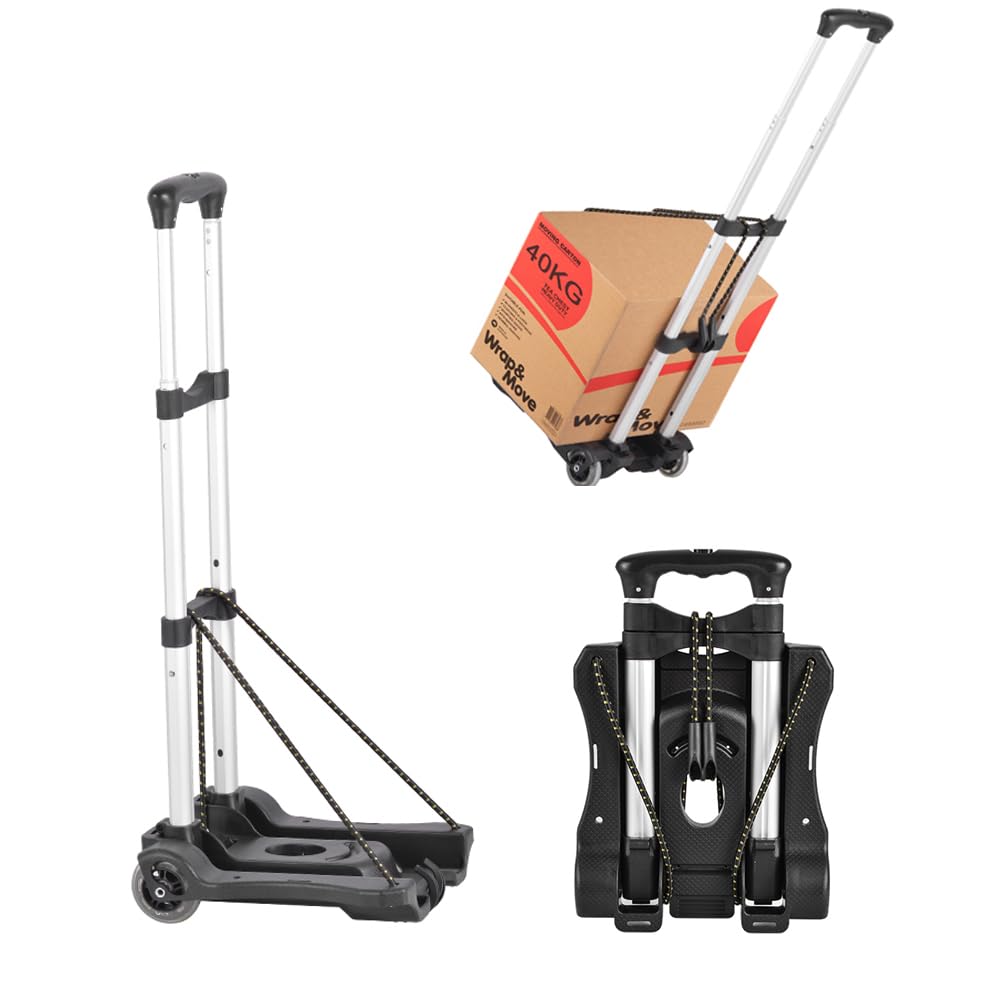 Generic Folding Luggage Cart Lightweight and Aluminum Alloy Travel Trolley 40kg/88lbs Load Capacity for Luggage, Personal, Travel, Moving and Office Use, Silver, Black