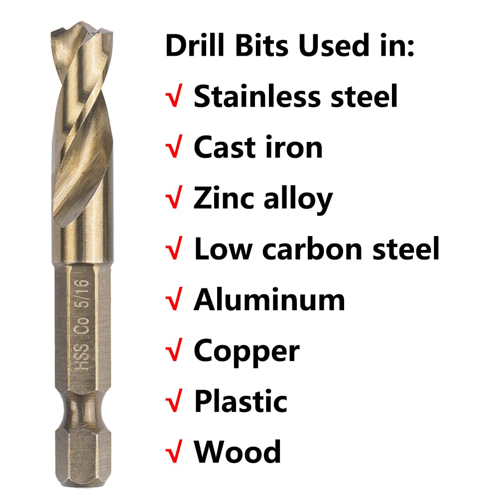 VALYRIANTOOL 5PCS M35 Cobalt Stubby Drill Bit Set for Stainless Steel & Hard Metals & Cast Iron, with 1/4" Hex Shank for Quick Chucks & Impact Drivers