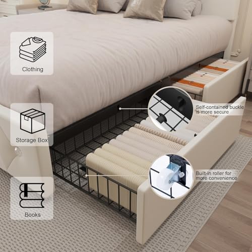 Forrise Bed Frame Queen Size with Storage Drawers and LED Light, 2 Sockets and 2 USB Ports, Adjustable Headboard with PU Leather Upholstered, No Box Spring Needed, Wooden Slats Support, White.