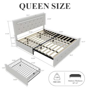 Forrise Bed Frame Queen Size with Storage Drawers and LED Light, 2 Sockets and 2 USB Ports, Adjustable Headboard with PU Leather Upholstered, No Box Spring Needed, Wooden Slats Support, White.