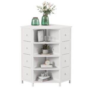 lumtok 8 drawers corner dresser with storage fabric drawers and open shelves for small space，bedroom，entryway，living room(white)