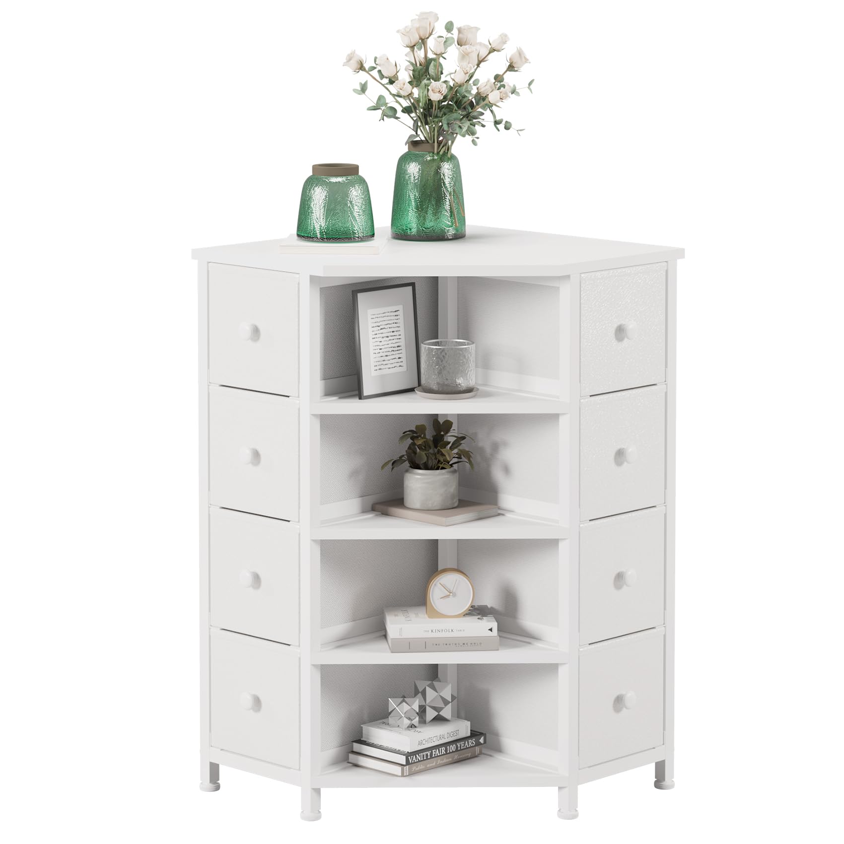 LUMTOK 8 Drawers Corner Dresser with Storage Fabric Drawers and Open Shelves for Small Space，Bedroom，Entryway，Living Room(White)