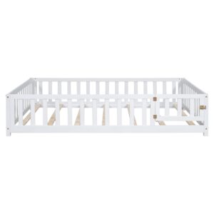 Harper & Bright Designs Floor Bed Full Size Montessori Bed Frame with Fence and Door, Wooden Full Platform Bed for Kids, Boys Girls, Slats Included, No Box Spring Needed, White