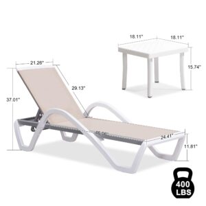 PURPLE LEAF Patio Chaise Lounge Chair Set of 3 Outside Aluminum Plastic Stackable Tanning Chairs with Armrests and Side Table for Pool Sunbathing Beach Deck Outdoor Lounger, Khaki