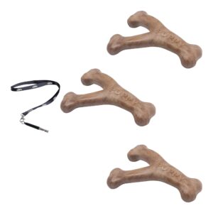 moofin puppy, 1 count - wishbone dog chew toy, durable teething support with real bacon flavor, large - includes ss pet training whistle, usa-made, dog chew toy [pack of 3], brown