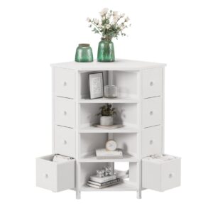 LUMTOK 8 Drawers Corner Dresser with Storage Fabric Drawers and Open Shelves for Small Space，Bedroom，Entryway，Living Room(White)