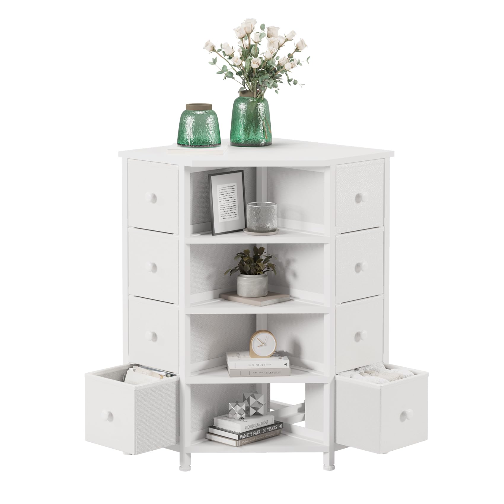 LUMTOK 8 Drawers Corner Dresser with Storage Fabric Drawers and Open Shelves for Small Space，Bedroom，Entryway，Living Room(White)