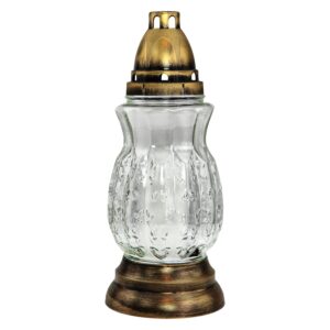 Cemetery Memorial Candle - Gravesite Remembrance Decoration - Unique Traditional Decorative White Glass Candle with Floral Motif and Gold Decoartive top and Base (H:10.83in x W:4.33in)