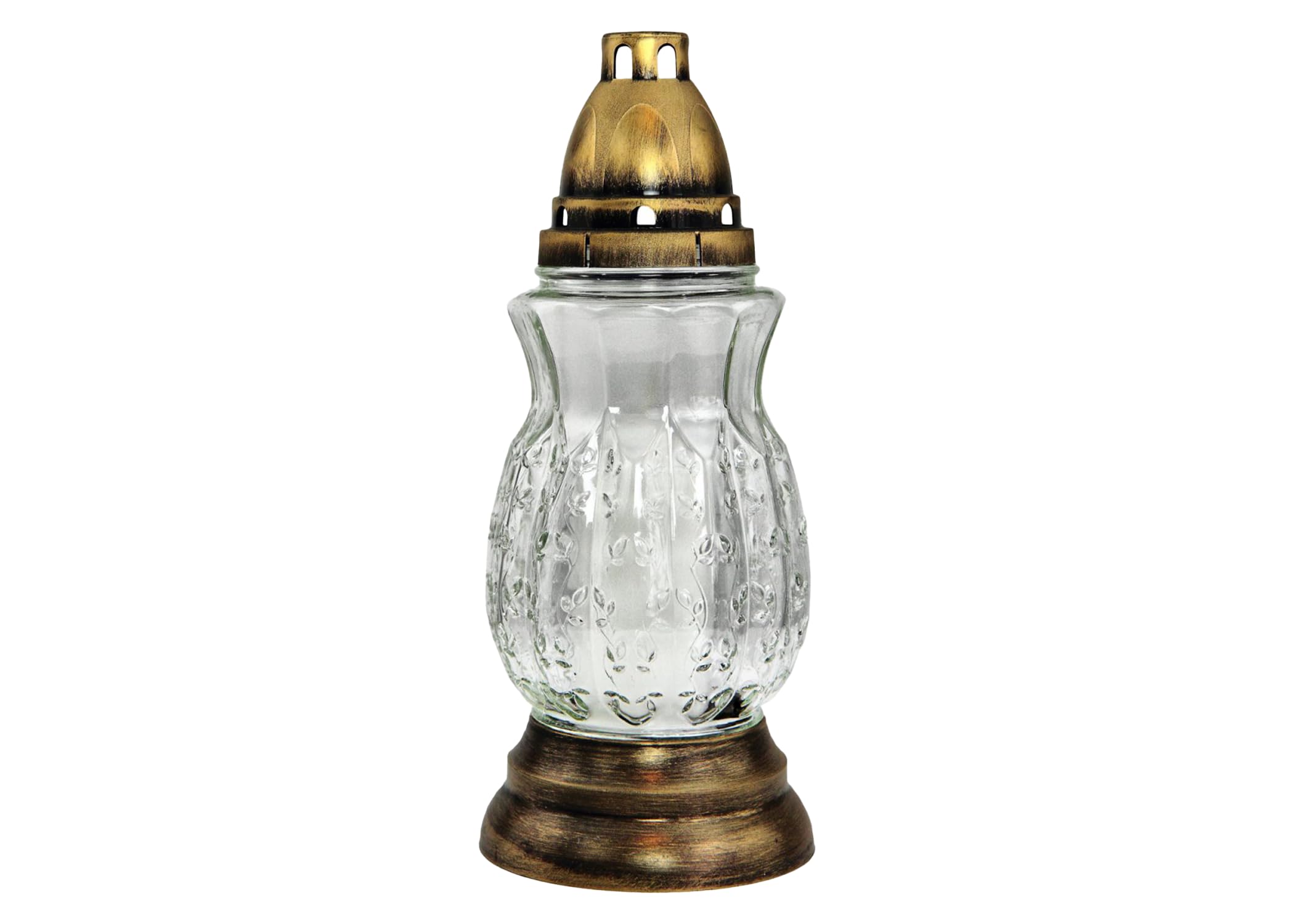 Cemetery Memorial Candle - Gravesite Remembrance Decoration - Unique Traditional Decorative White Glass Candle with Floral Motif and Gold Decoartive top and Base (H:10.83in x W:4.33in)