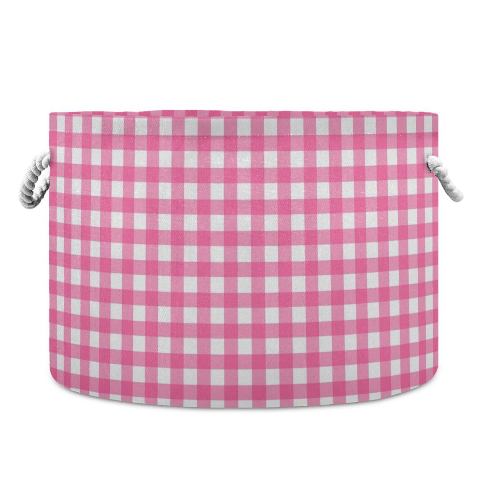 Gingham Hot Pink Plaid Storage Basket Round Collapsable Waterproof Decorative Baskets with Sturdy Handle Decoration for Toy Toy Cloth