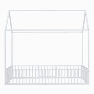 Bellemave Twin Size Montessori House Bed for Kids, Metal Floor Beds with Fence Railings & Door, Twin Playhouse Bed for Boys Girls, Box Spring Needed, White