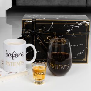 Before Patients After Patients Because Patients Gift Set 11 oz Coffee Mug 18 oz Stemless Wine Glass and 2 oz Shot Glass for Dentist Doctors Unique Nurses Day Valentines Graduation Gifts (Black)