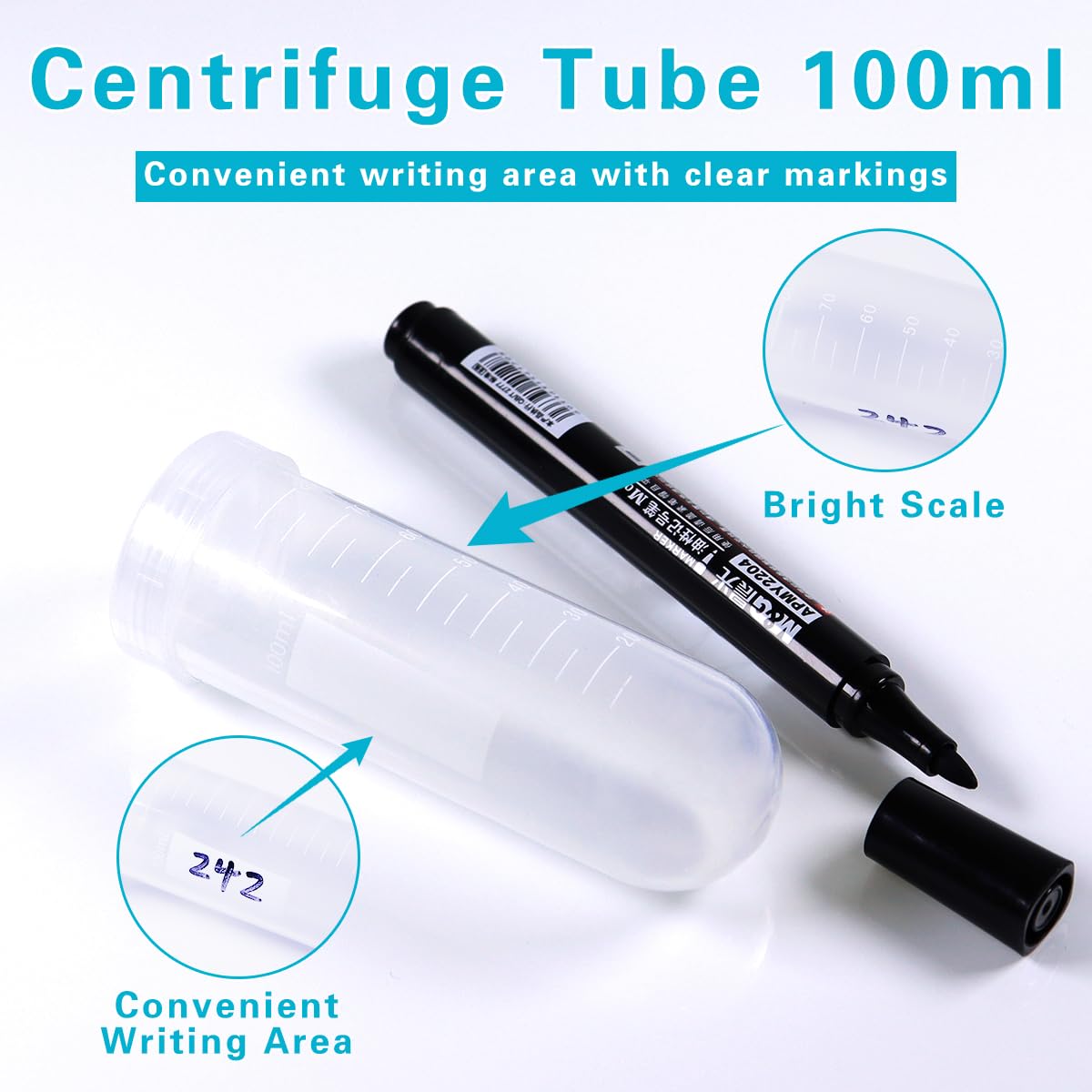 BIPEE Centrifuge Tubes100 ml Higher Quality Conical Test Tubes, Round-Bottomed centrifuge Tube， Test Tubes with caps, Plastic Container with Graduated and Write Marks (30pcs, 100ml)