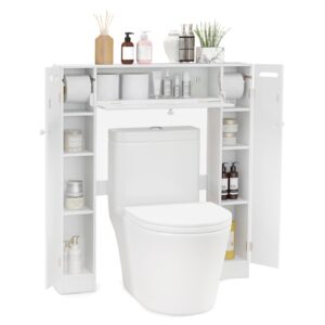 tangkula over the toilet storage cabinet, freestanding toilet storage with adjustable shelves & paper holder, 2 side & pull-down door, space saving toilet cabinet for bathroom laundry (white)