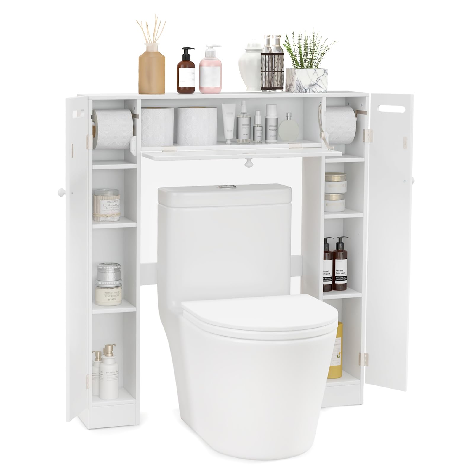 Tangkula Over The Toilet Storage Cabinet, Freestanding Toilet Storage with Adjustable Shelves & Paper Holder, 2 Side & Pull-Down Door, Space Saving Toilet Cabinet for Bathroom Laundry (White)