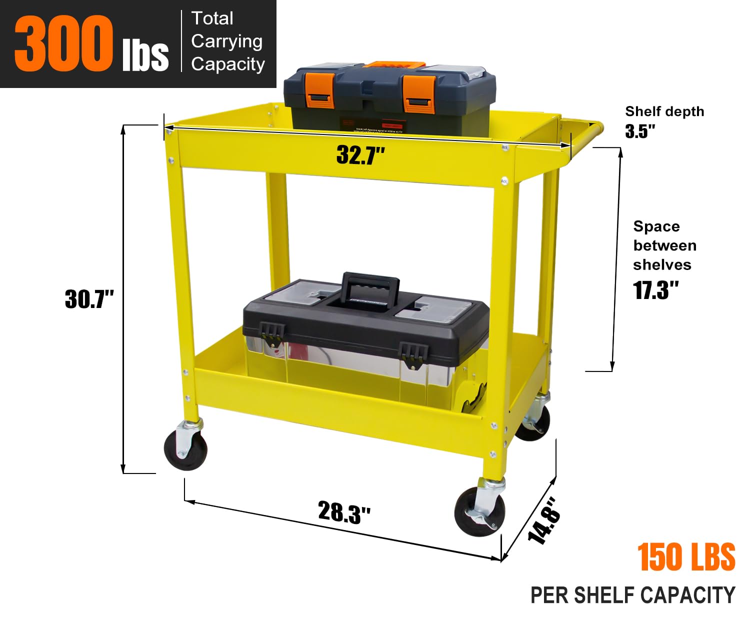 Generic 2 Tier Utility Service Cart 300 lbs, Steel Rolling Tool Cart on Wheels,Load Capacity for Mechanic Garage Warehouse Workshop & Repair Shop,Yellow