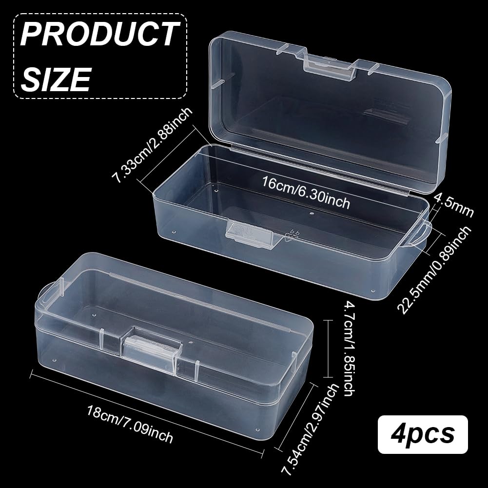 BENECREAT 4 Packs Rectangle Plastic Container Box, 7x3x1.8inch Clear Storage Organizer with Hinged Lid and Hanging Hole for Small Craft Accessories Office Supplies