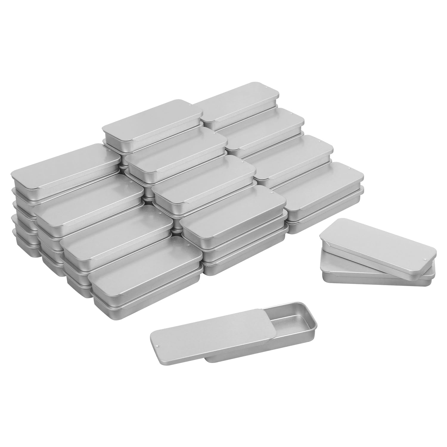 GENHAKON 50 PCS 3.15 x 1.34 x 0.4 inch, Slide Top Tin Containers, Slide Top Tin Box, Slide Top Matel Tin Boxes with Lid for Small Items, Such as Candy, USB Cable, Pills, Earring, Jewelry Craft, Etc