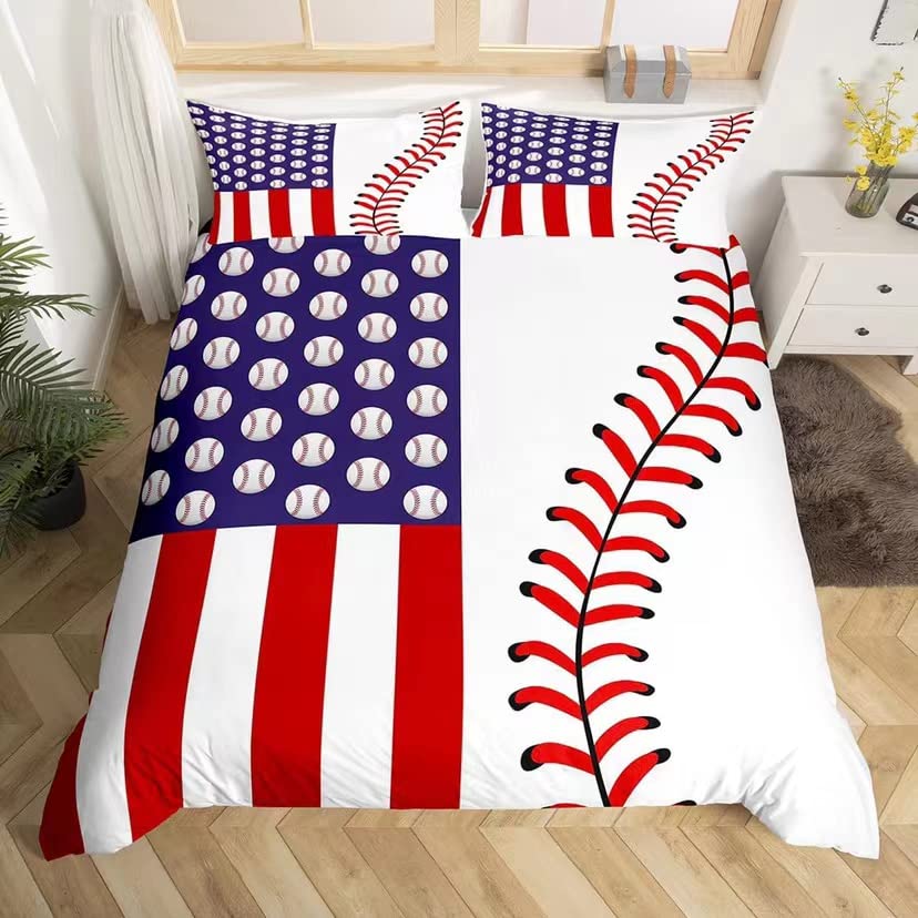 Baseball Duvet Cover Sets Sports Sewing Geometry Bedding Set for Boys Girls Children 3D Ball Pattern Red White Blue Comforter Quilt Cover Sets, Include 1 Duvet Cover and 1 Pillowcases, Twin Size