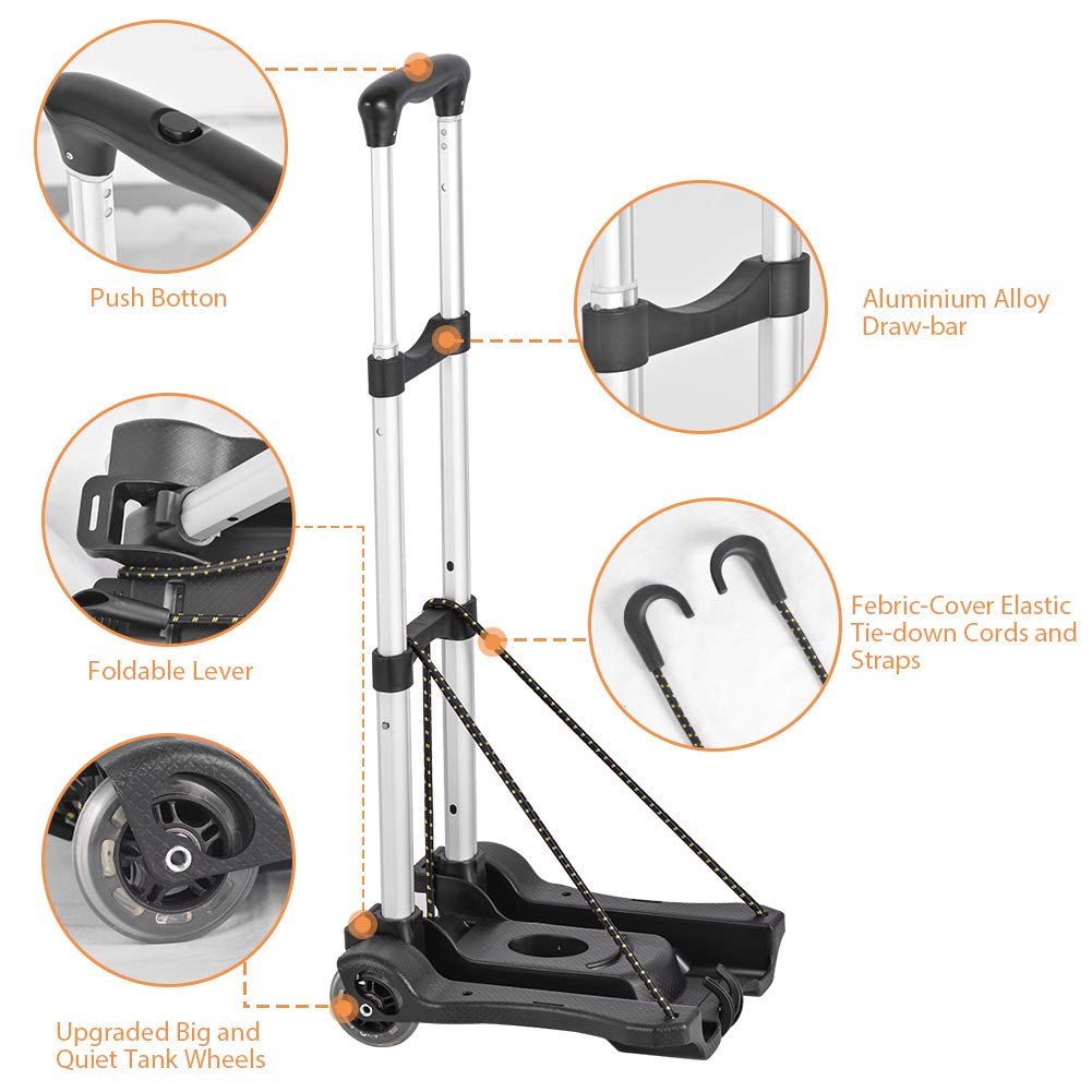 Generic Folding Luggage Cart Lightweight and Aluminum Alloy Travel Trolley 40kg/88lbs Load Capacity for Luggage, Personal, Travel, Moving and Office Use, Silver, Black