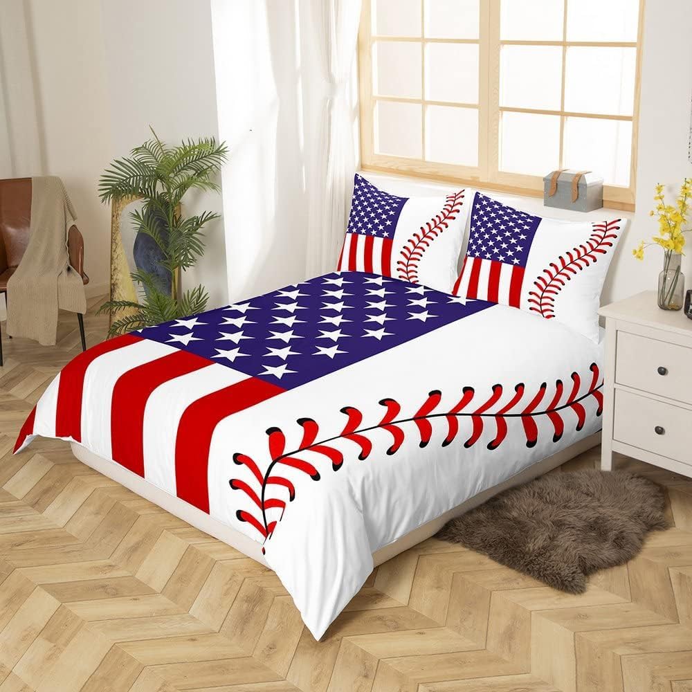 Baseball Duvet Cover Sets Sports Sewing Geometry Bedding Set for Boys Girls Children 3D Ball Pattern Red White Blue Comforter Quilt Cover Sets, Include 1 Duvet Cover and 1 Pillowcases, Twin Size