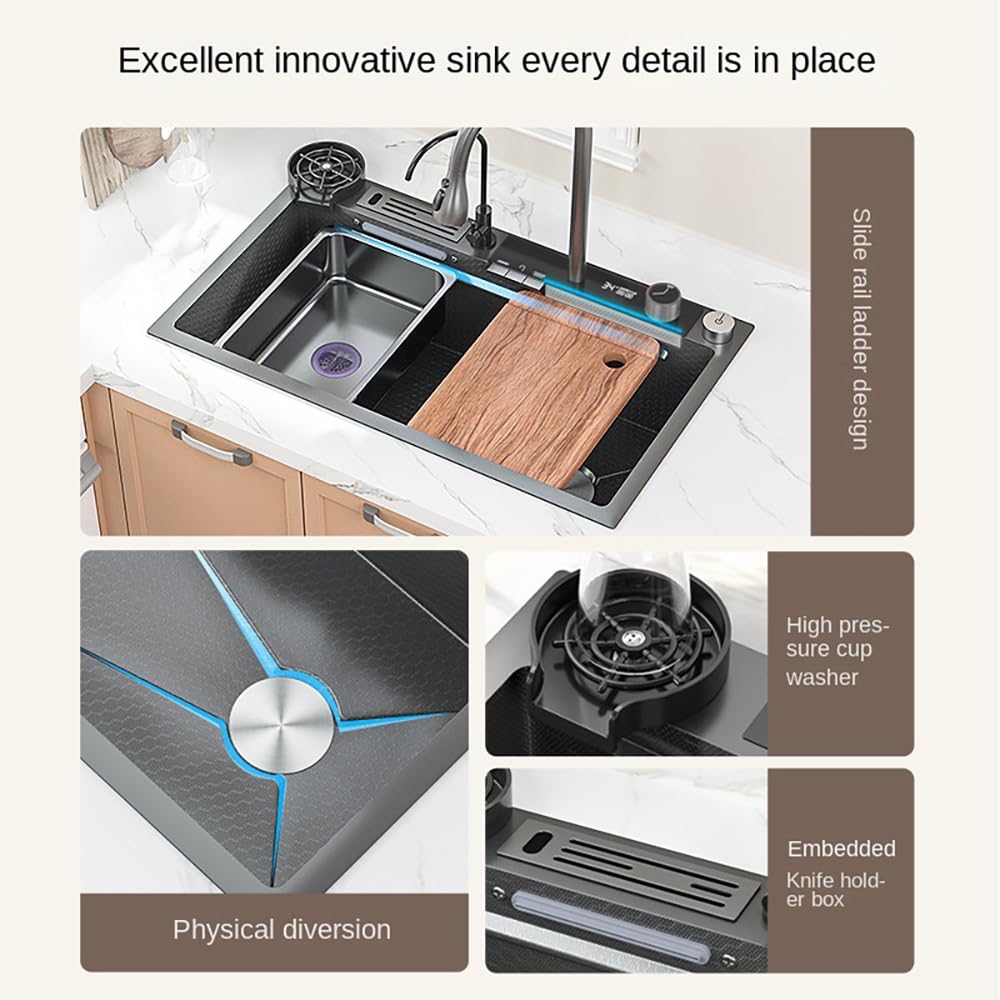 FVVJVV Stainless Steel Smart Waterfall Kitchen Sink Single Bowl Digital Display Honeycomb Nano Modern Workstation Sink with Pull Down Faucet Multifunctional Topmount Sink Handmade(31.5 x 18.1 inch)