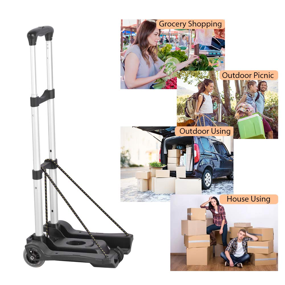 Generic Folding Luggage Cart Lightweight and Aluminum Alloy Travel Trolley 40kg/88lbs Load Capacity for Luggage, Personal, Travel, Moving and Office Use, Silver, Black