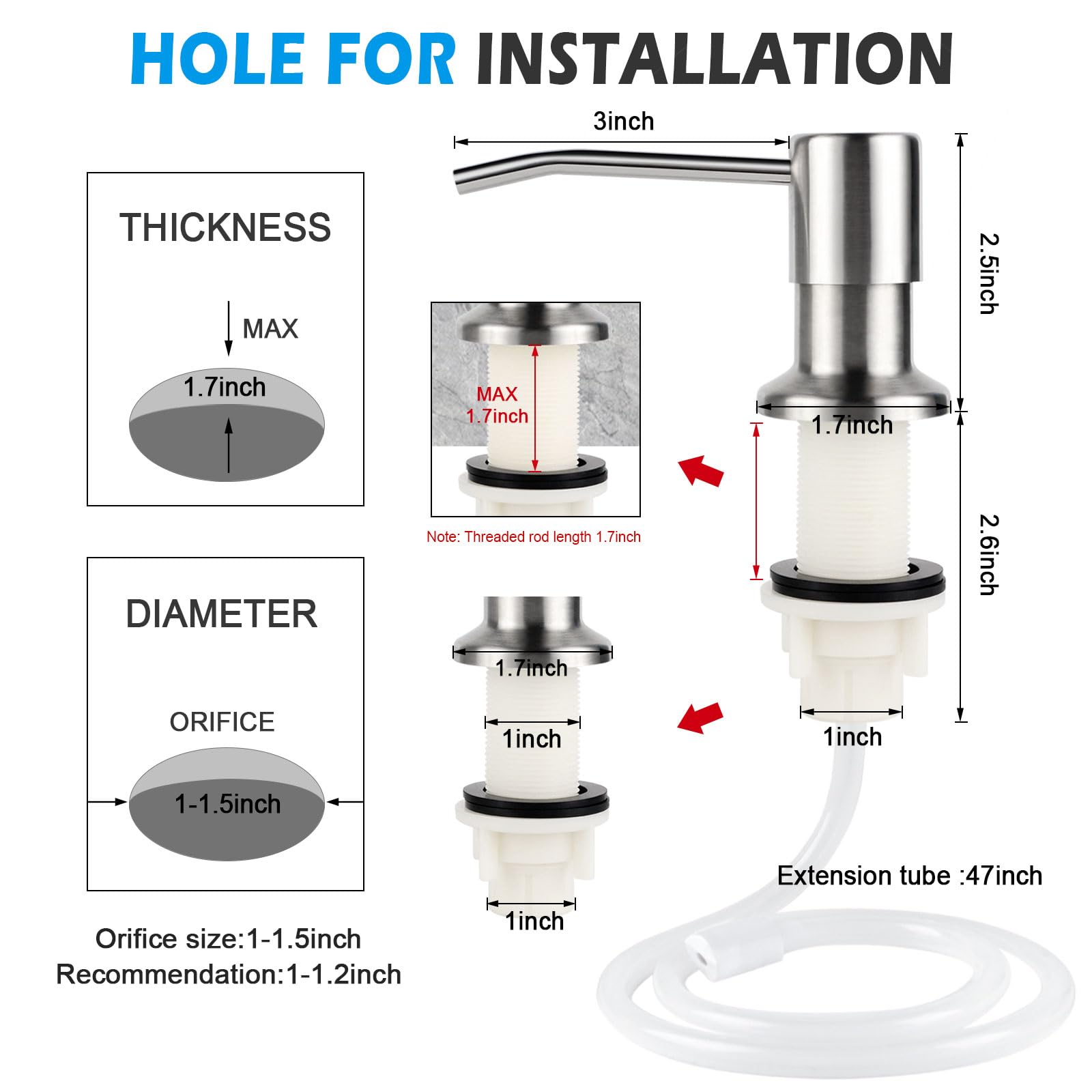 Dish Soap Dispenser for Kitchen Sink, Countertop Sink Soap Dispenser Water Pump with 47” No-Spill Extension Tube Kit Design for Kitchen Bathroom (Brushed Nickel)