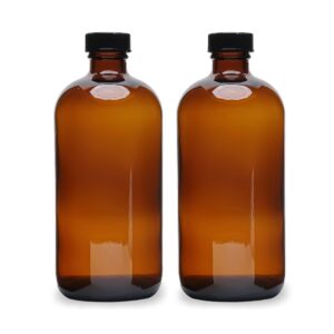 (2 pack) - 16 oz amber glass boston round bottles with black 28-400 airtight phenolic polycone caps - perfect glass containers for secondary fermentation, storing condiment, homemade essential oils