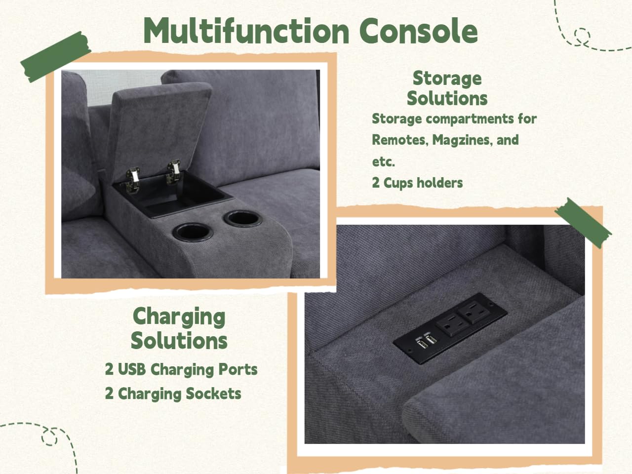 AYCP Flannel Modular Sectional Sofa Set, U/L Shape Convertible, Console with USB Charging Ports and Power sockets for Living Room/House/Bedroom/Office/Apartment (Grey, L Shape with Console), F599X