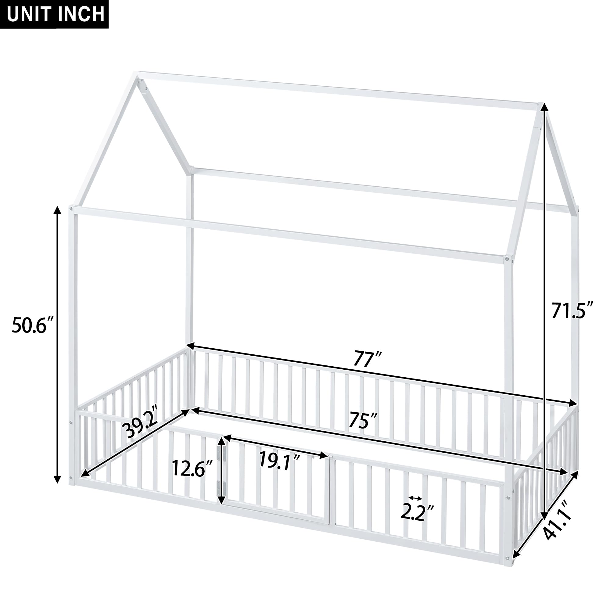 Bellemave Twin Size Montessori House Bed for Kids, Metal Floor Beds with Fence Railings & Door, Twin Playhouse Bed for Boys Girls, Box Spring Needed, White