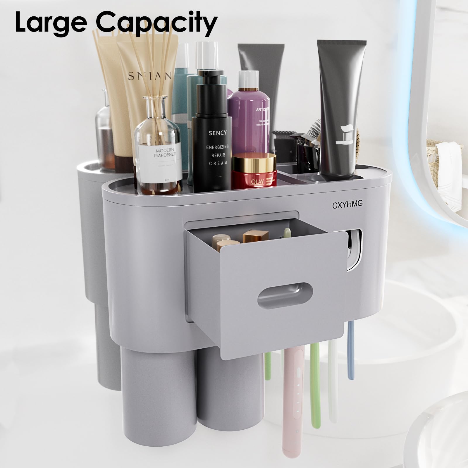 CXYHMG Toothbrush Holders for Bathroom, with Automatic Toothpaste Squeezer Dispenser, is Wall Mounted Bathroom Accessories Organizer, for Kids & Family Shower Decor. (Grey 2 Cups)