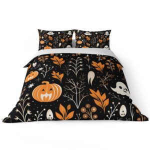 Haunted Halloween Nights Comforter Cover Set - King Size Black Pumpkin Lanterns, Ghosts, and Spider Webs - Spooky Bedding Set for Kids, Boys, Girls - Quilt Cover with 2 Pillowcases