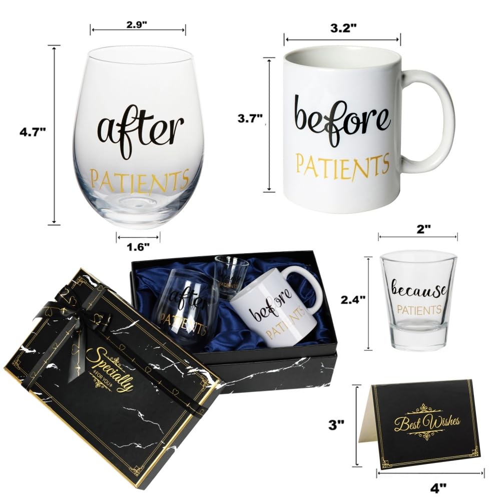 Before Patients After Patients Because Patients Gift Set 11 oz Coffee Mug 18 oz Stemless Wine Glass and 2 oz Shot Glass for Dentist Doctors Unique Nurses Day Valentines Graduation Gifts (Black)