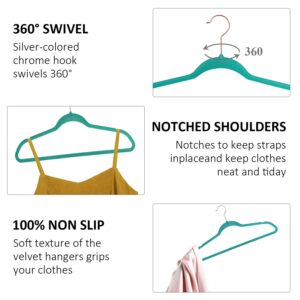 VECELO Premium Velvet Clothes Hangers Suit Heavy Duty (100 Pack)-Non Slip & Space-Saving with 12 Finger Clips & 2Tie Rack Excellent for Men and Women,Teal