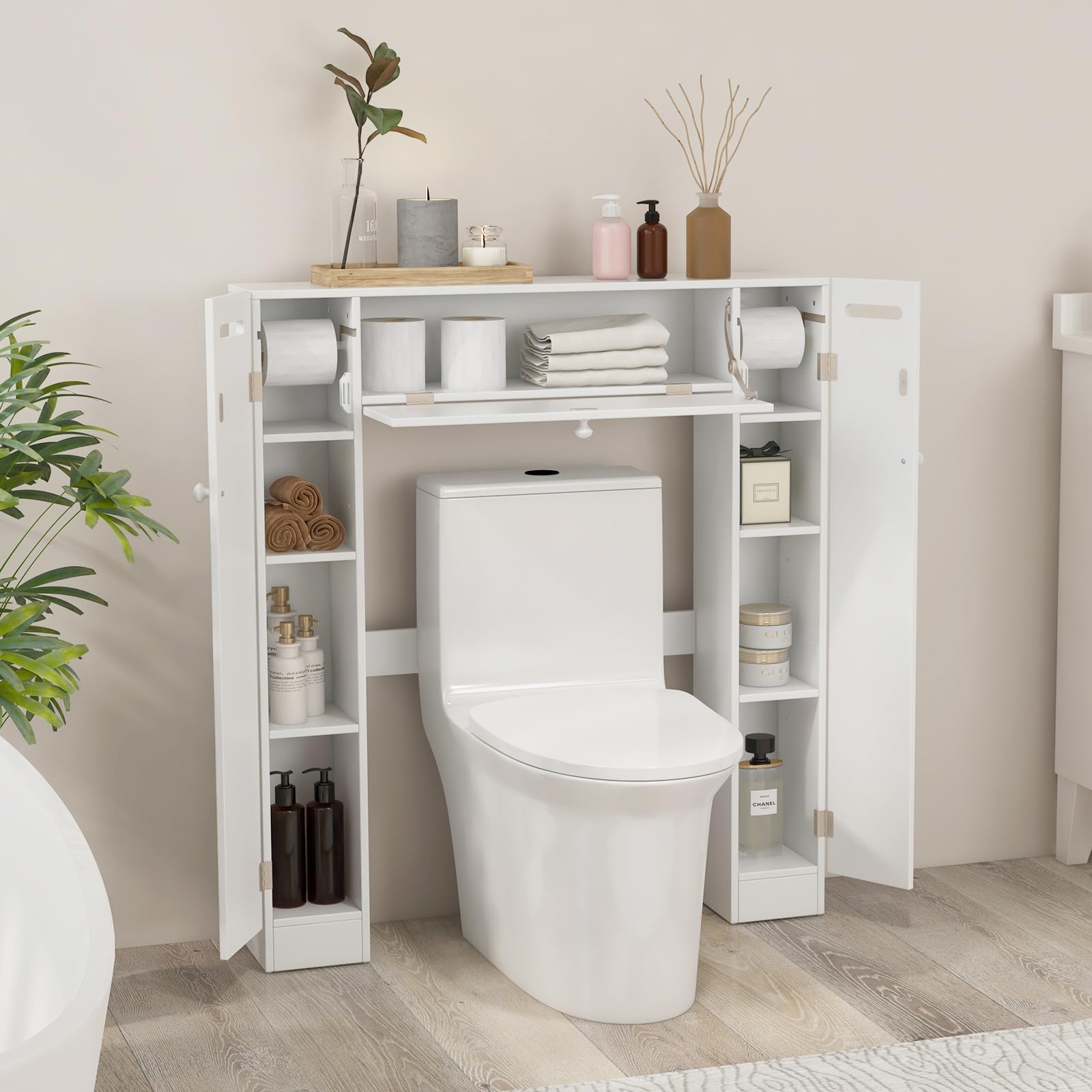 Tangkula Over The Toilet Storage Cabinet, Freestanding Toilet Storage with Adjustable Shelves & Paper Holder, 2 Side & Pull-Down Door, Space Saving Toilet Cabinet for Bathroom Laundry (White)