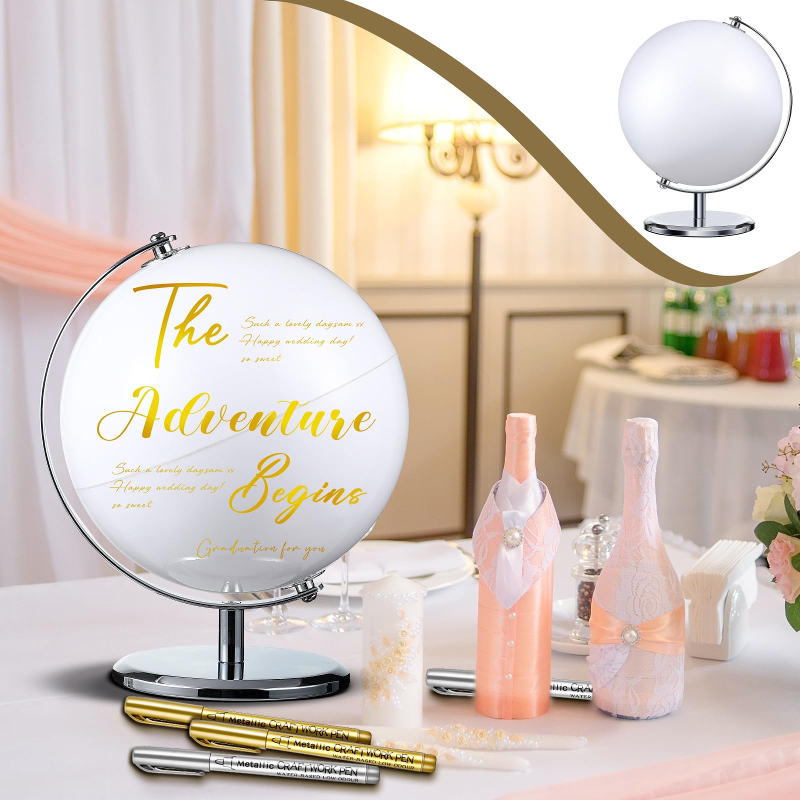 Saypacck Guest Book Alternative DIY World Globe with 4 Pcs Pens Writable Blank Globe with Metal Silver Stand for Wedding Guest Book Wedding Party Bride Shower 2024 Graduation Party Home Adults